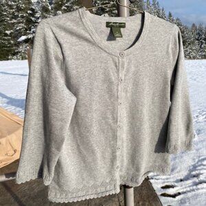 Eddie Bauer Gray3/4 Length Sleeve Cardigan with Crocheted Edging